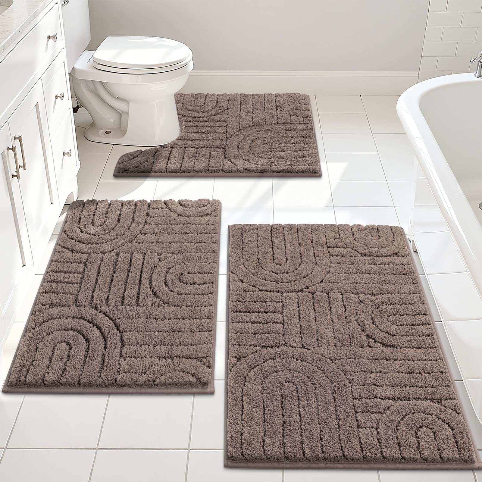 Vaukki Bathroom Rugs Sets 3 Piece, Brown Washable Non Slip Soft Bath Mats for Shower and Tub, Plush Absorbent Microfiber Toilet Rug U Shaped, 32x20+26x18+24x20 Inch