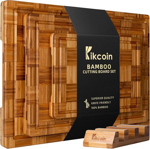 Kikcoin Extra Large Bamboo Cutting Boards - Set of 3 Chopping Boards with Juice Groove | Durable Kitchen Butcher Block