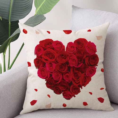 Gujiahone Valentine's Day Pillow Covers 18X18 Inch Set of 2 Red Rose Heart Anniversary Wedding Decorative Square Linen Cushion Case for Sofa Couch Bed