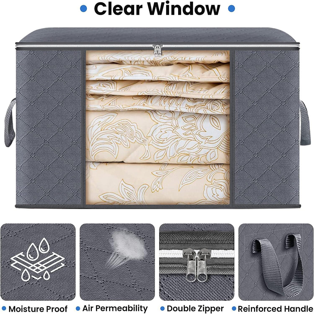 Skiennix Large Clothes Storage Bags - 4 Pack Foldable Organizers with Clear Window for Blankets & Seasonal Clothing | Gray