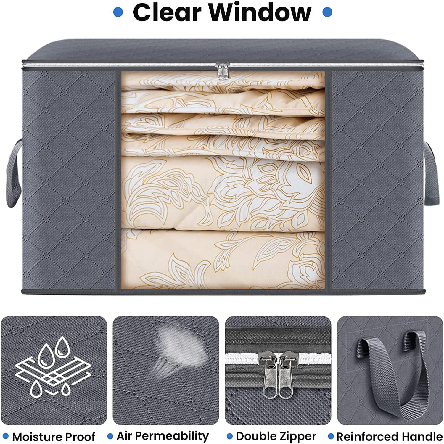Skiennix Large Clothes Storage Bags - 4 Pack Foldable Organizers with Clear Window for Blankets & Seasonal Clothing | Gray