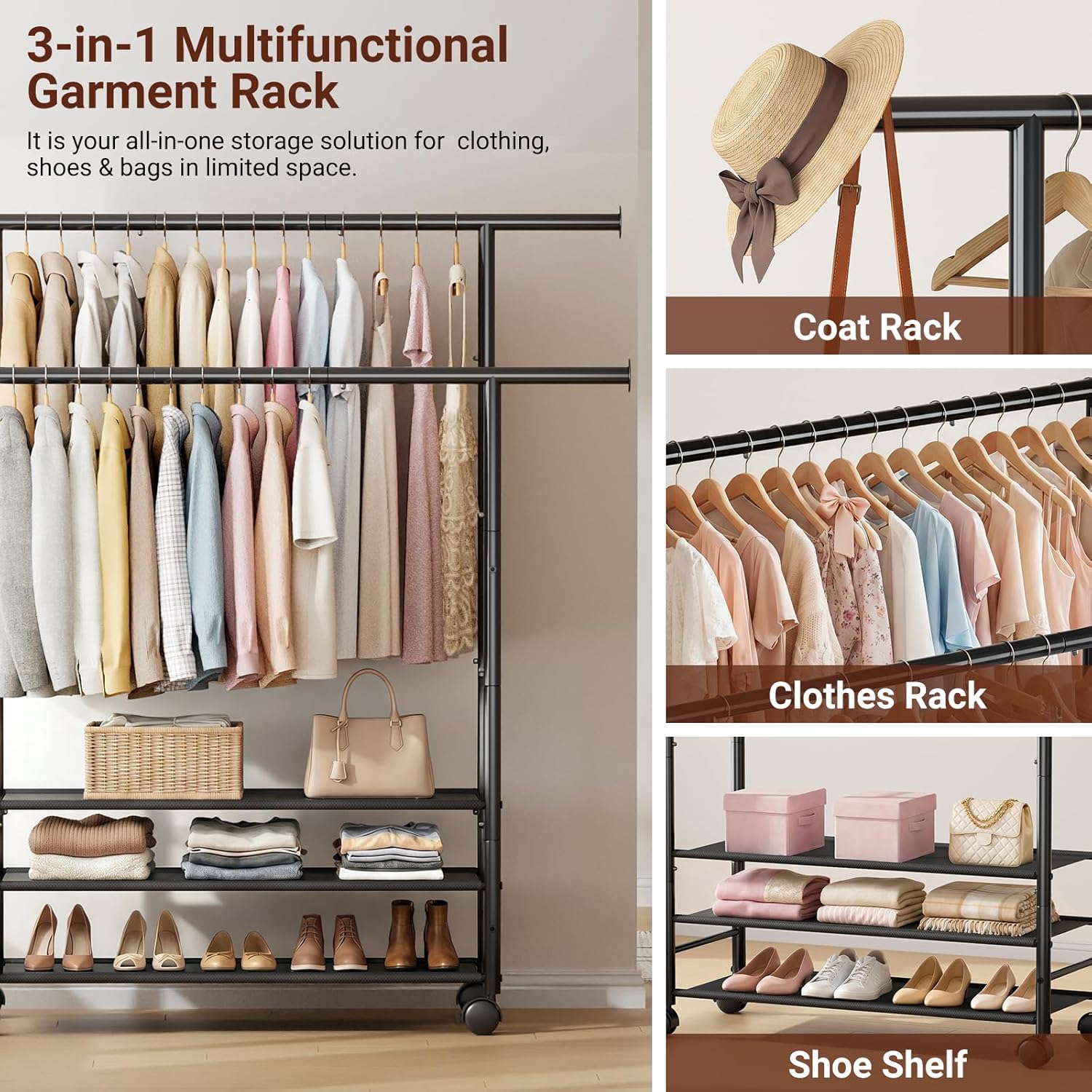 Sleeping Lamb Double Rod Clothes Rack - Sturdy Portable Garment Rack with 3-Tier Shelves | Black