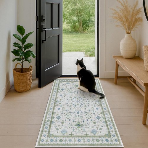 Hazo Haus Washable Rugs - Vintage Boho Floral Design in Blue & Green | 3x6 Low Pile Non-Slip Accent Rug