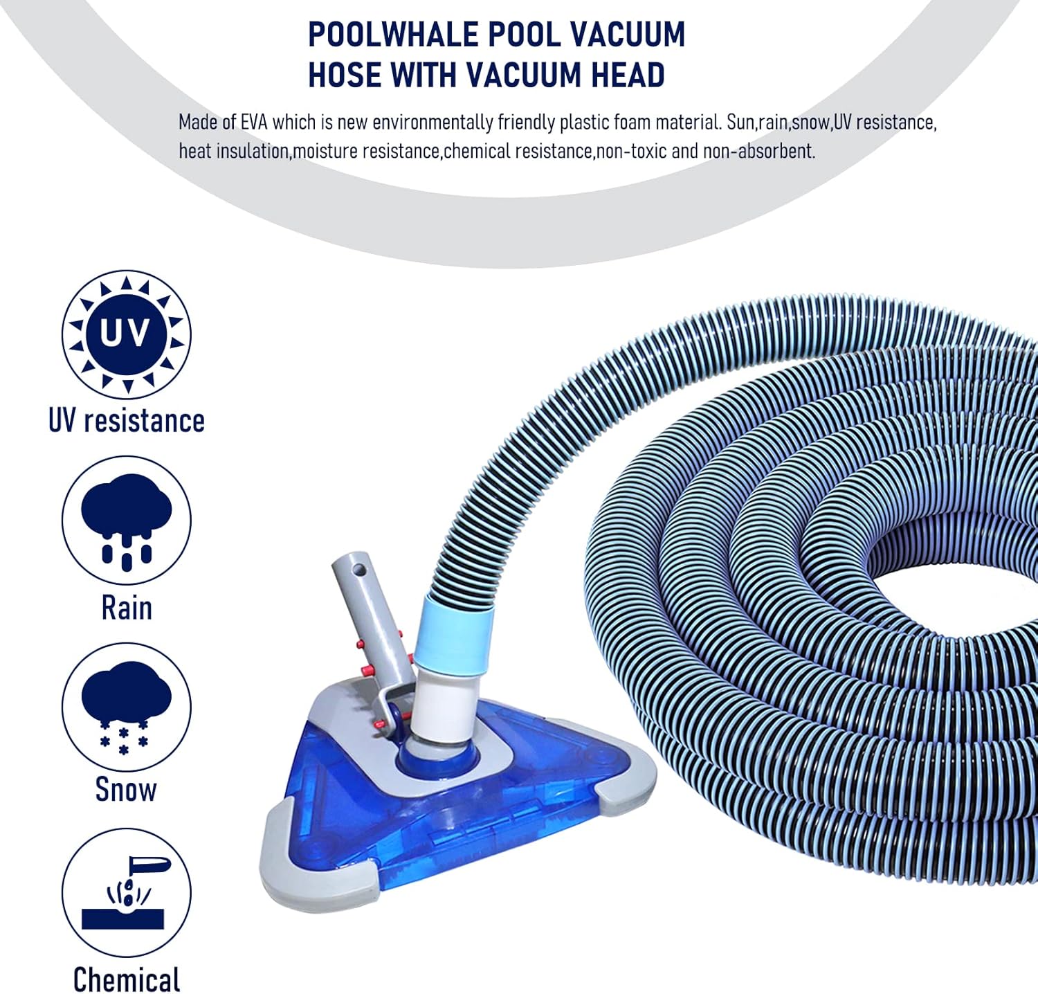 POOLWHALE Swimming Pool Vacuum Hose - 1.5-Inch x 24-Feet with Swivel Cuff & Weighted Head | Ideal for Above Ground & Small Inground Pools