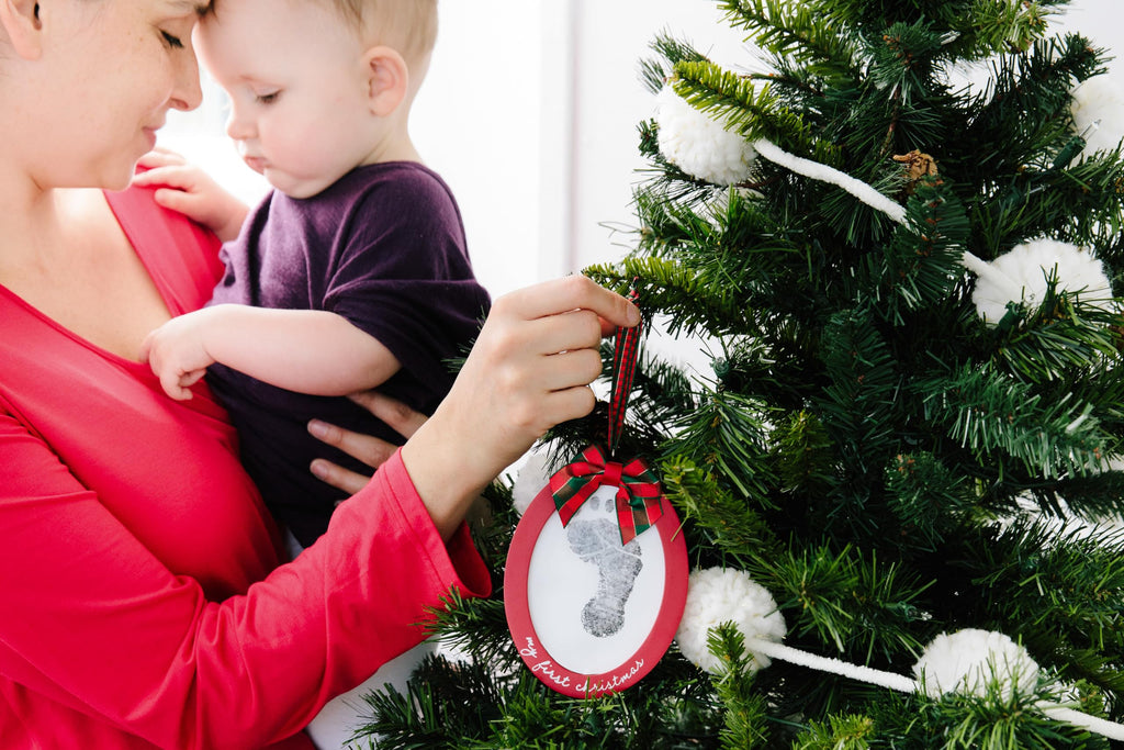 Pearhead Babyprints Double-Sided Christmas Ornament, First Holiday Keepsake Frame with Clean-Touch Ink Pad, Newborn Handprint Footprint Kit, Infant Photo Decoration, Red
