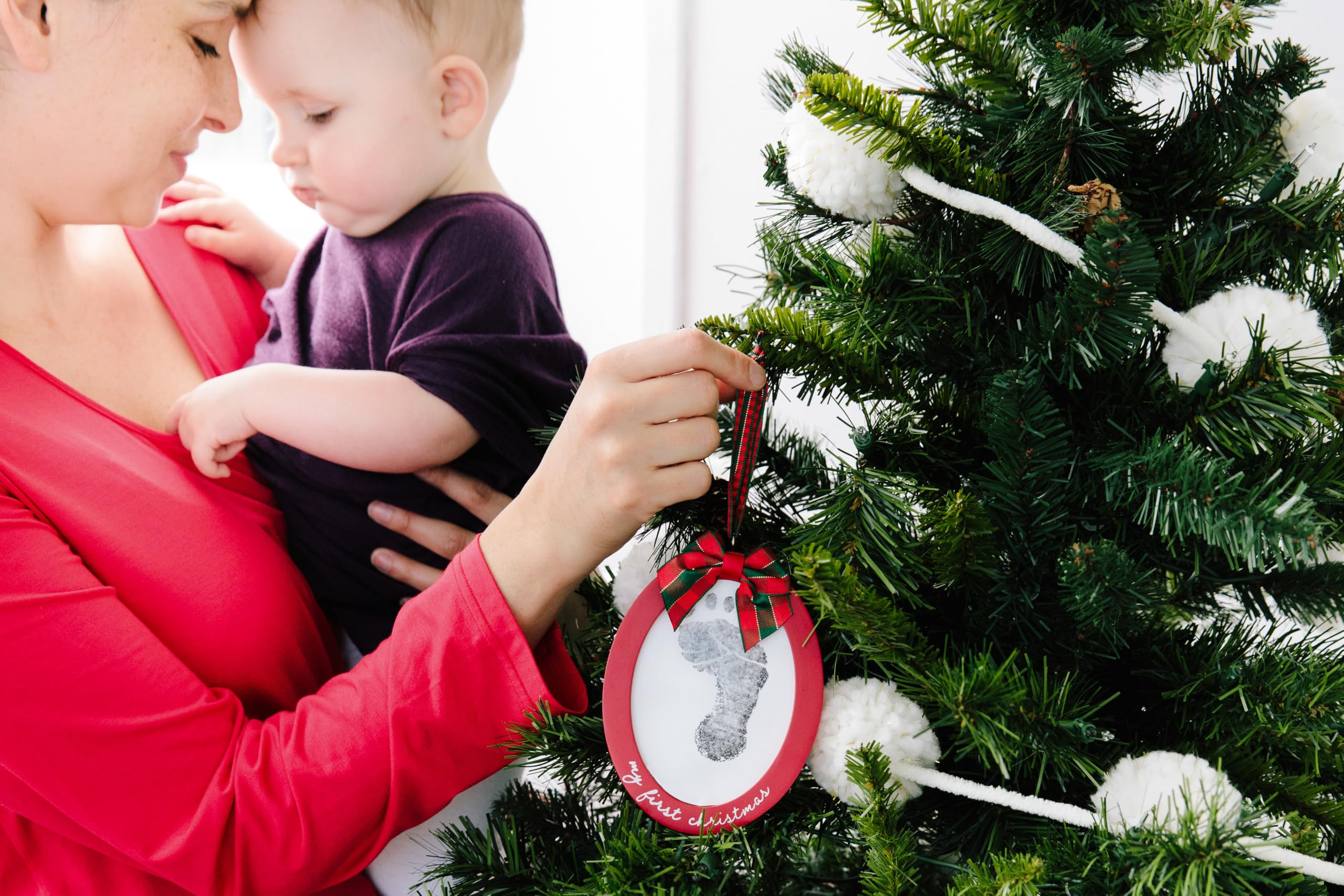 Pearhead Babyprints Double-Sided Christmas Ornament, First Holiday Keepsake Frame with Clean-Touch Ink Pad, Newborn Handprint Footprint Kit, Infant Photo Decoration, Red