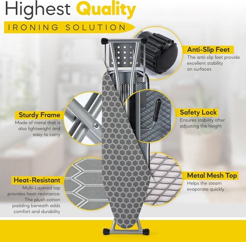 Full Size Ironing Board - 57” L x 15” W | Sturdy & Adjustable with Heat Resistant Cover - Silver Gray
