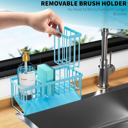 Cisily Kitchen Sink Caddy Organizer - Rustproof 304 Stainless Steel with Brush & Sponge Holder | Blue Home Decor