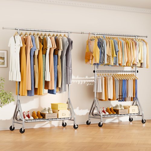 JIEJIERUI Heavy Duty Clothes Rack for Hanging Clothes, Double Rods Clothing Rack with Lockable Wheels, Rolling Garment Racks with Shelf, Easy to Assemble, Silver