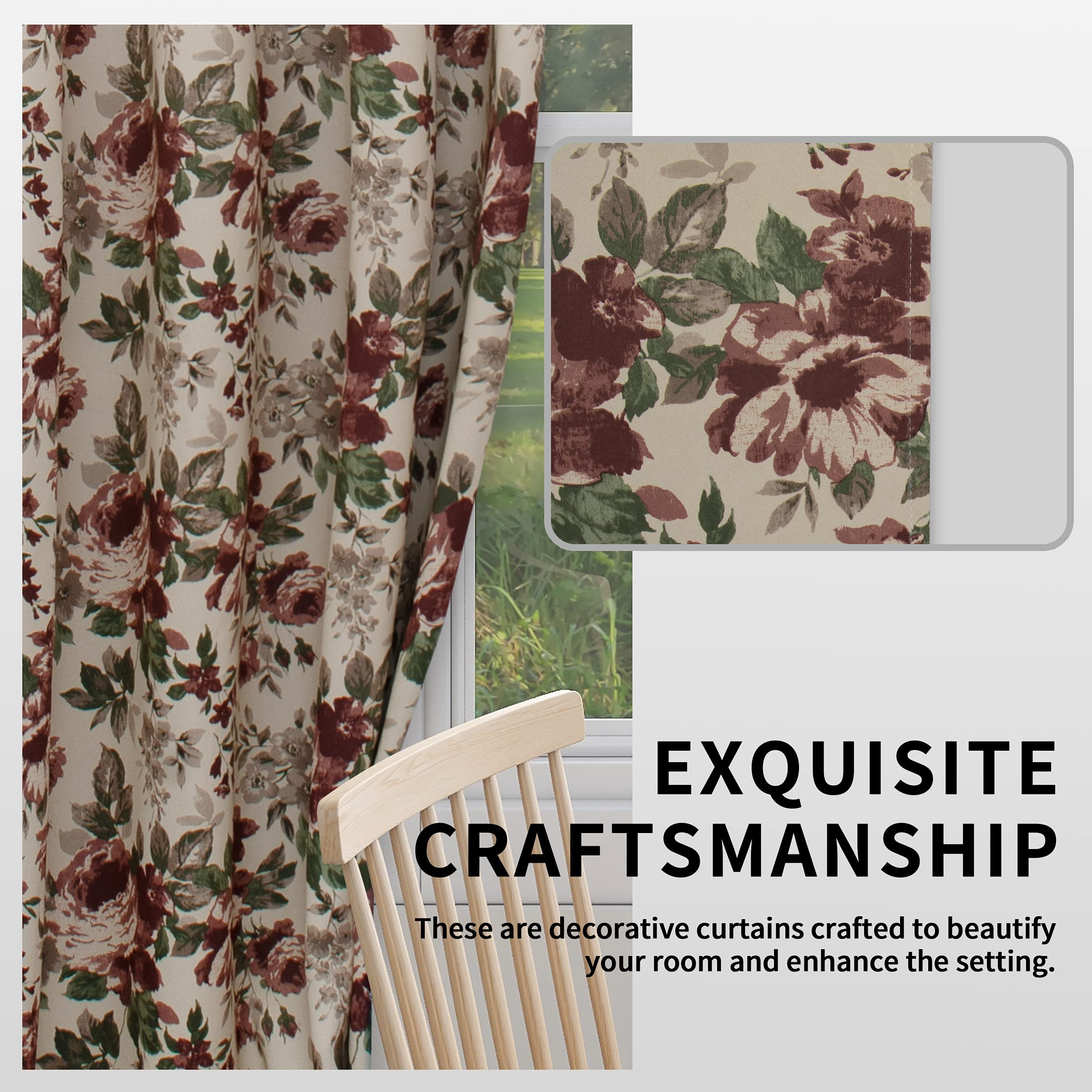 Easy-Going Floral Printed Blackout Curtain 84 Inch Length Grommet Thermal Insulated Room Darkening Window Curtain for Bedroom, Living Room, Kids Room (Set of 2 Panels, Beige)