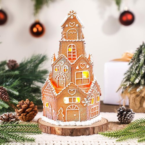 Beeveer LED Gingerbread House Decoration - Festive Resin Xmas Village Figurine | 5 x 5 x 8.25 Inch