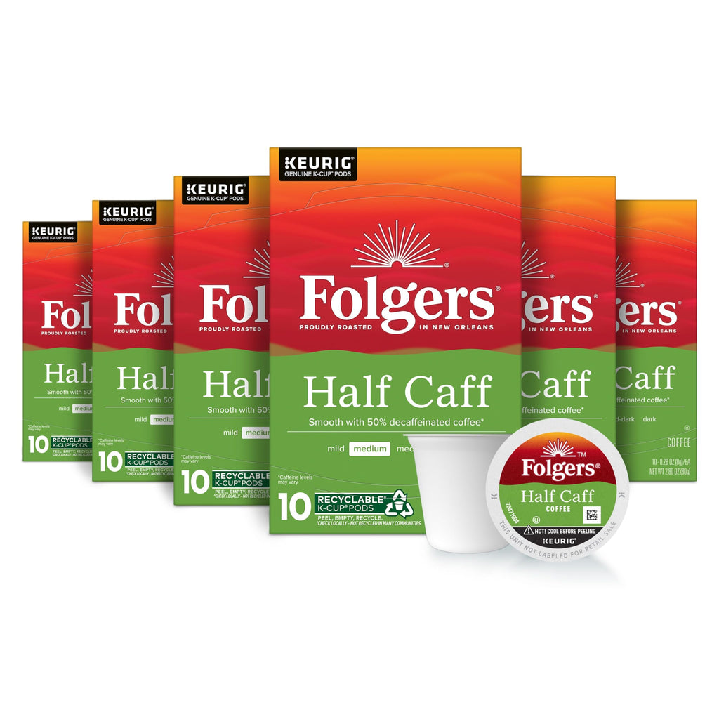 Folgers Half Caff Medium Roast Coffee, Keurig K-Cup Pods, 10 Count Boxes (Case of 6)
