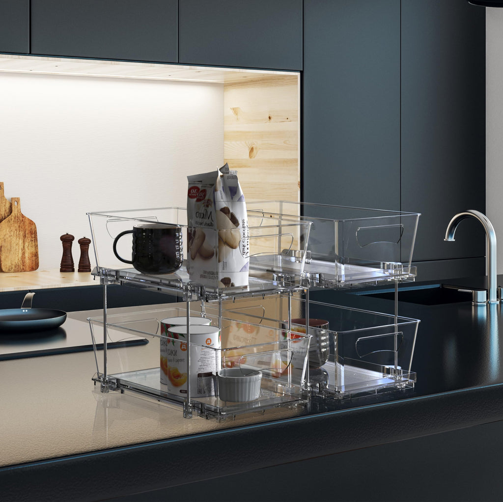 Simple Houseware 2 Tier Basket Drawer Cabinet Pull-Out Organizer, 2 Pack, Clear