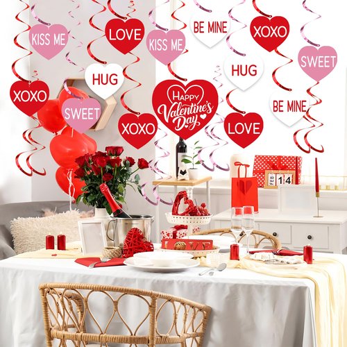 30 PCS Hearts Hanging Swirls Decoration Pre-Strung Valentines Day Hanging Decorations Conversation Hearts Ceiling Streamers for Valentines Day Party Home Decor