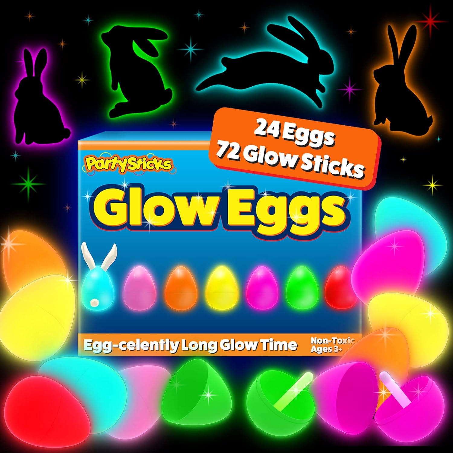 PartySticks 24 Glow Eggs & 72 Mini Glow Sticks - Glow-in-the-Dark Easter Basket Stuffers for Kids & Teens