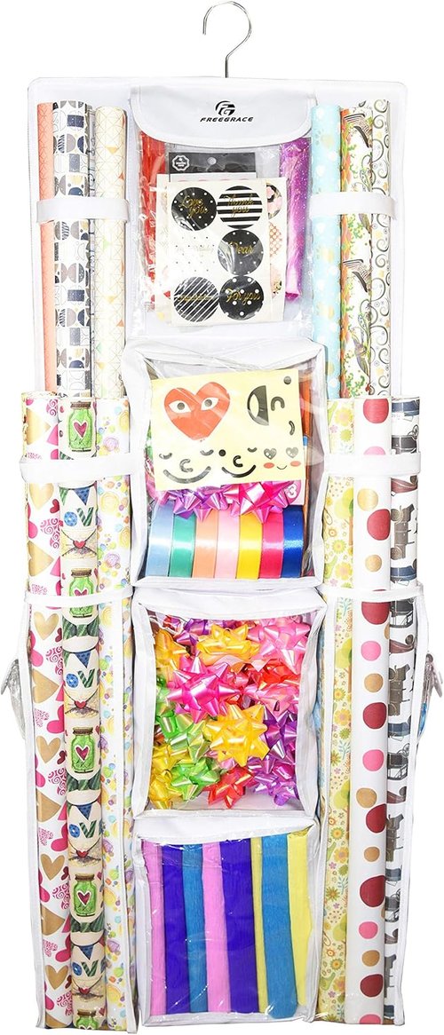 Freegrace Gift Wrap Organizer - Double-Sided 16 x 41 Inch Tearproof Storage Bag | White Ribbon Caddy