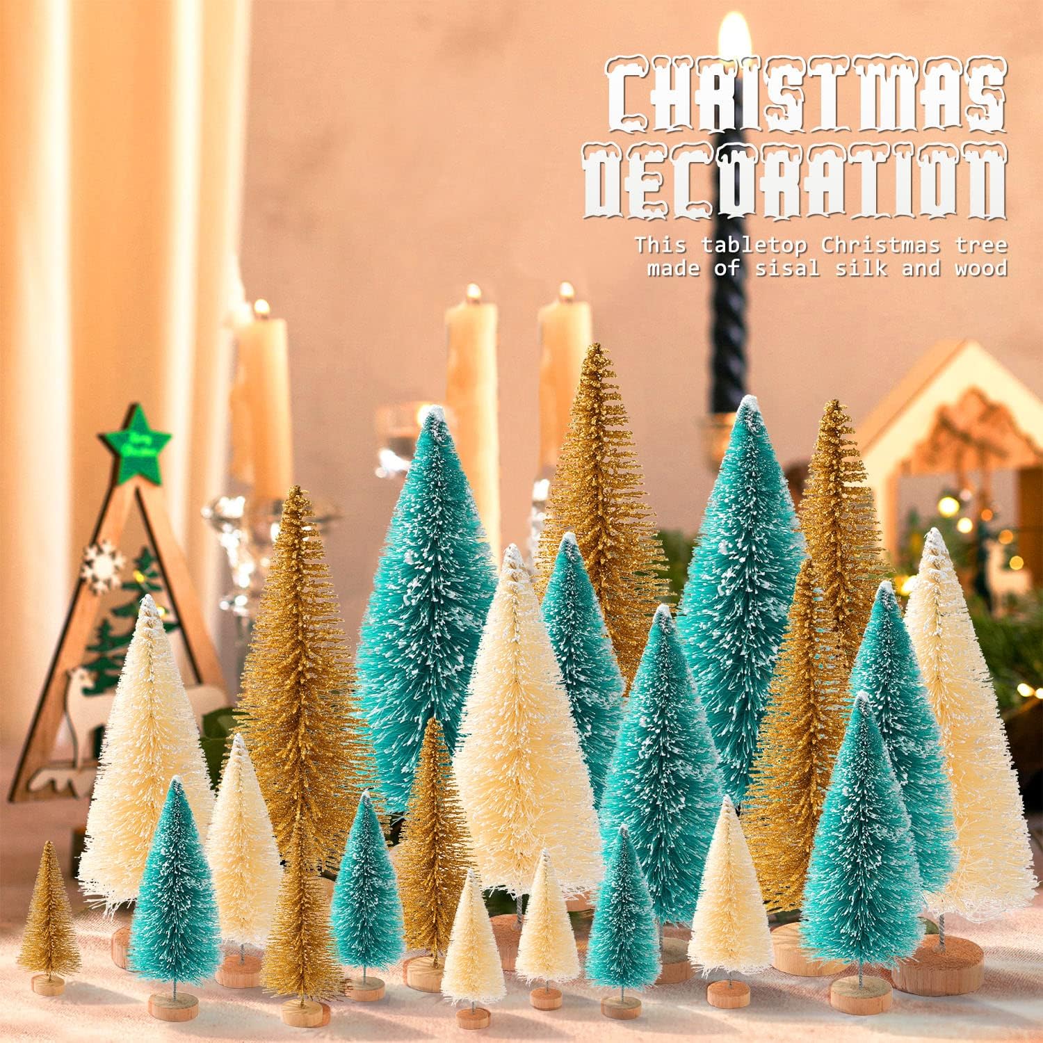 Skiennix Mini Christmas Trees - 30 Pcs Artificial Bottle Brush Trees with Wooden Base | 5 Sizes for Holiday Decor