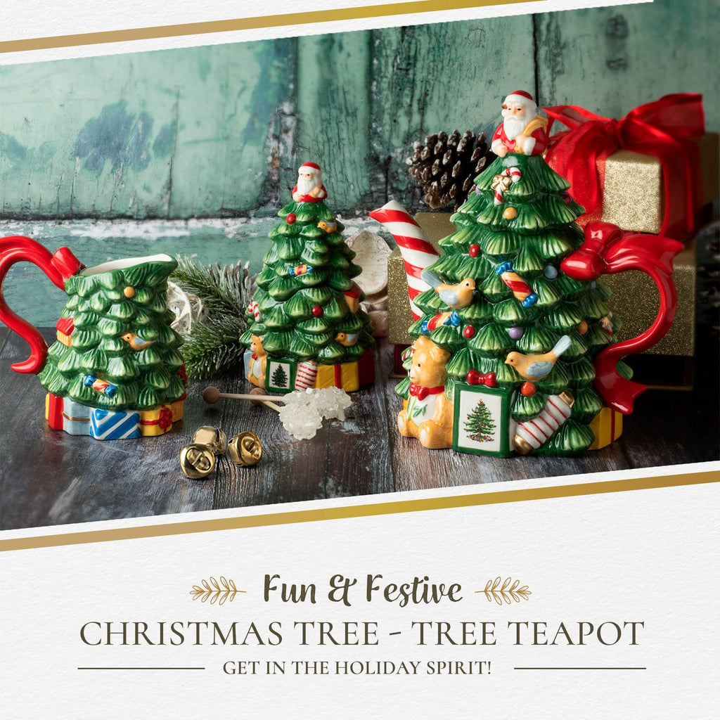 Spode Christmas Tree Figural Teapot - Festive 27 oz Christmas Teapot with Mistletoe Accents, Peppermint Stripe Spout, and Ribbon Handle - Decorative Dolomite Tea Pot for Holiday Tea Parties