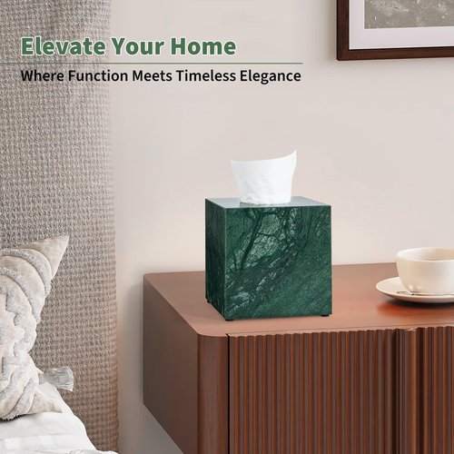 Real Natural Marble Tissue Box Cover, 5.5 Inch Square Marble Tissue Box Holder with Open Bottom, Heavy Stone Decorative Organizer for Bathroom Vanity, Kitchen Countertop, Luxury Home Décor