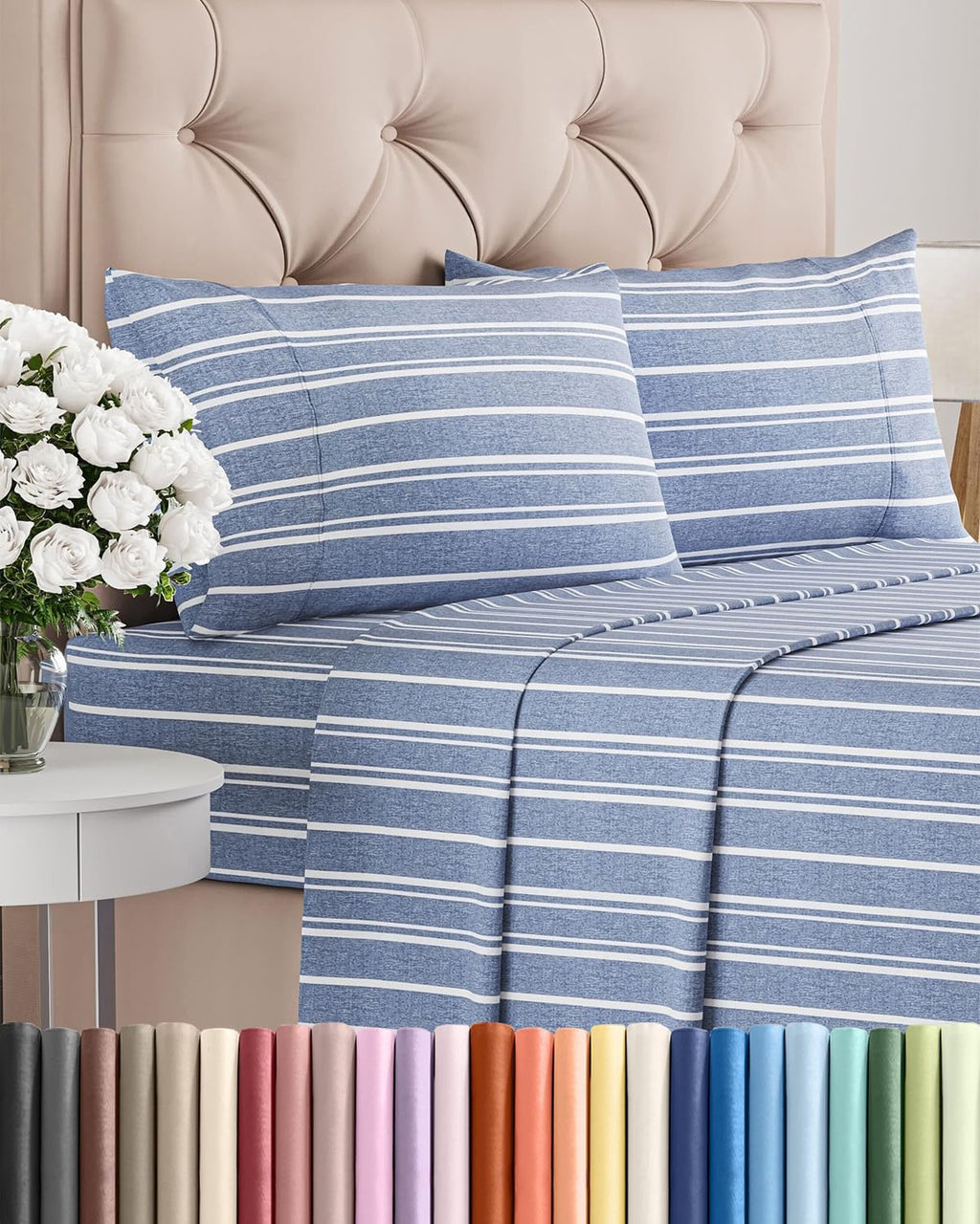 Skiennix Queen Size 4-Piece Sheet Set - Comfy, Breathable & Cooling Bedding - Deep Pockets, Soft, Wrinkle-Free - Blue Stripes