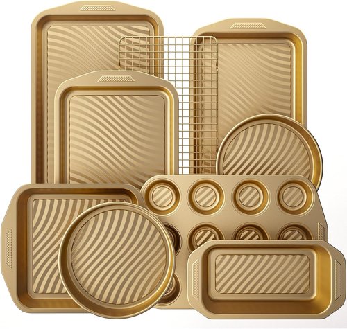 HONGBAKE 9-Piece Non-Stick Baking Pans Set - Wave Texture for Reduced Oil, 0.8mm Thick Bakeware, Gold