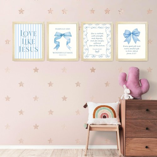 LARTSFRO Coquette Blue Bow Wall Art Decor - Inspirational Bible Verses | Set of 4, 10x8 Inch Pictures for Teen Girls' Rooms