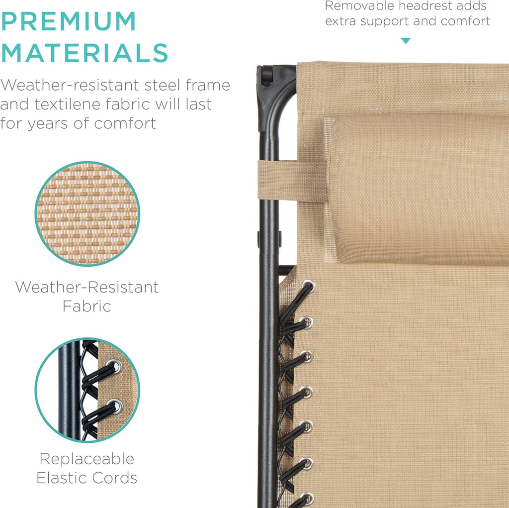 Best Choice Products Folding Zero Gravity Recliner Chair - Adjustable Canopy, Headrest & Side Tray - Beige