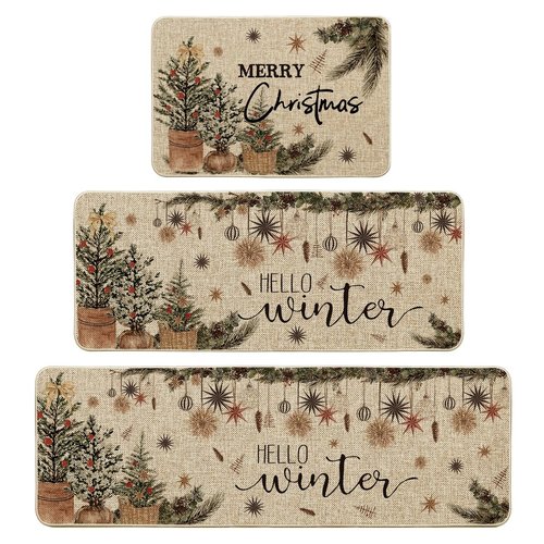 Artoid Mode Holly Ornament Merry Christmas Kitchen Mats Set of 2, Winter Home Decor Low-Profile Kitchen Rugs for Floor - 24"x35"+24"x59"+24"x72"