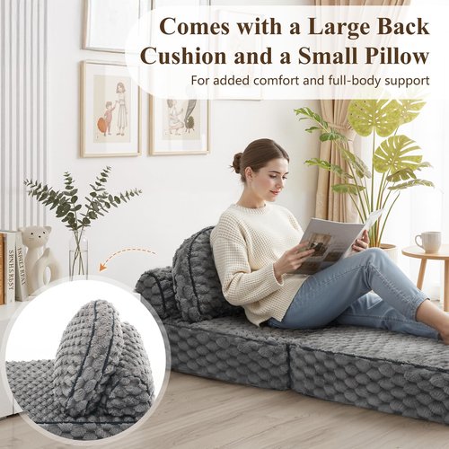 MALOL Folding Sofa Bed, 3-in-1 Convertible Sleeper Chairs with Pillow,Back Support, Fuzzy Fabric Floor Couch Bed for Adults, Boneless Couches Living Room, Bedroom, Apartment, Grey