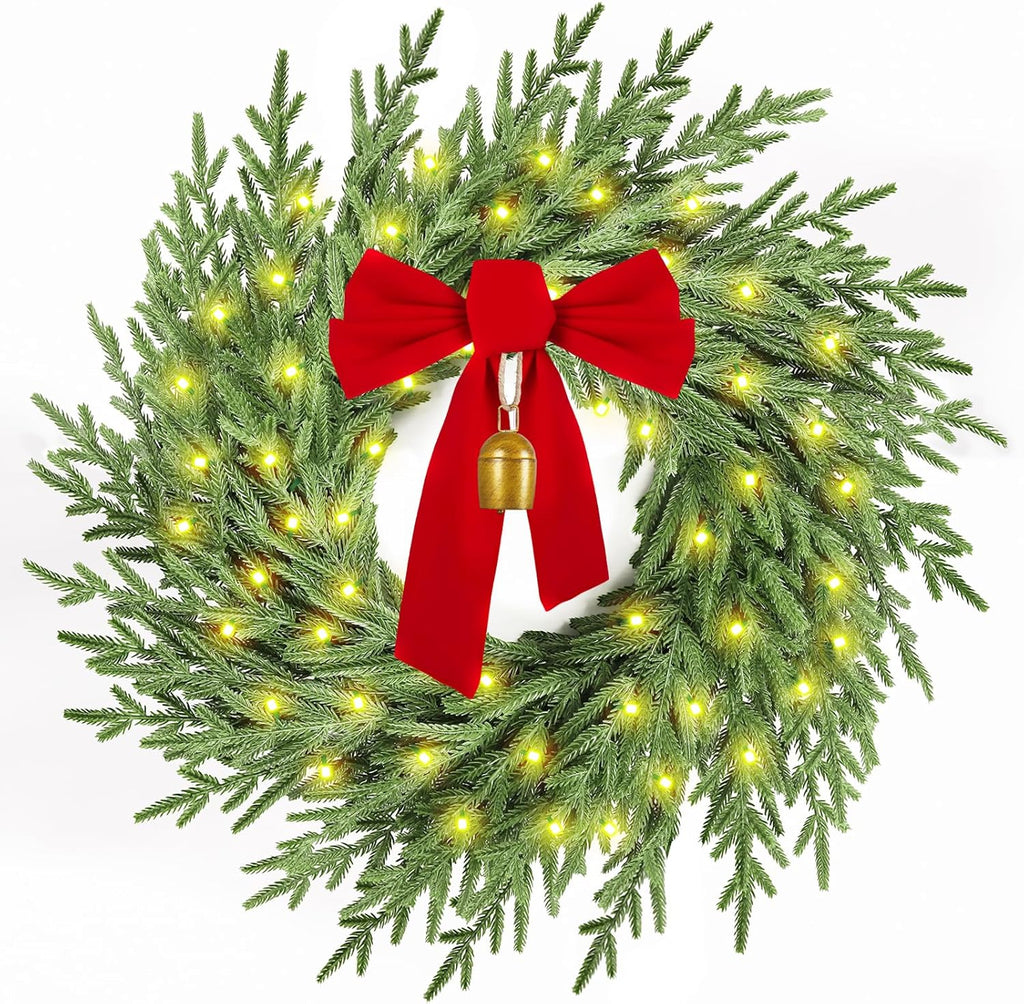 Regine Switzerland Christmas Wreath - 26" Real Touch Pine with Lights, Bow & Bell | Festive Indoor/Outdoor Decor