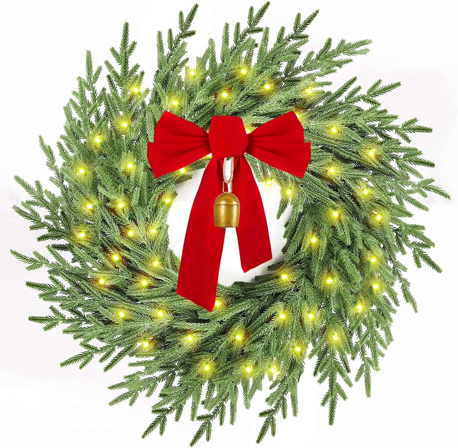 Regine Switzerland Christmas Wreath - 26" Real Touch Pine with Lights, Bow & Bell | Festive Indoor/Outdoor Decor