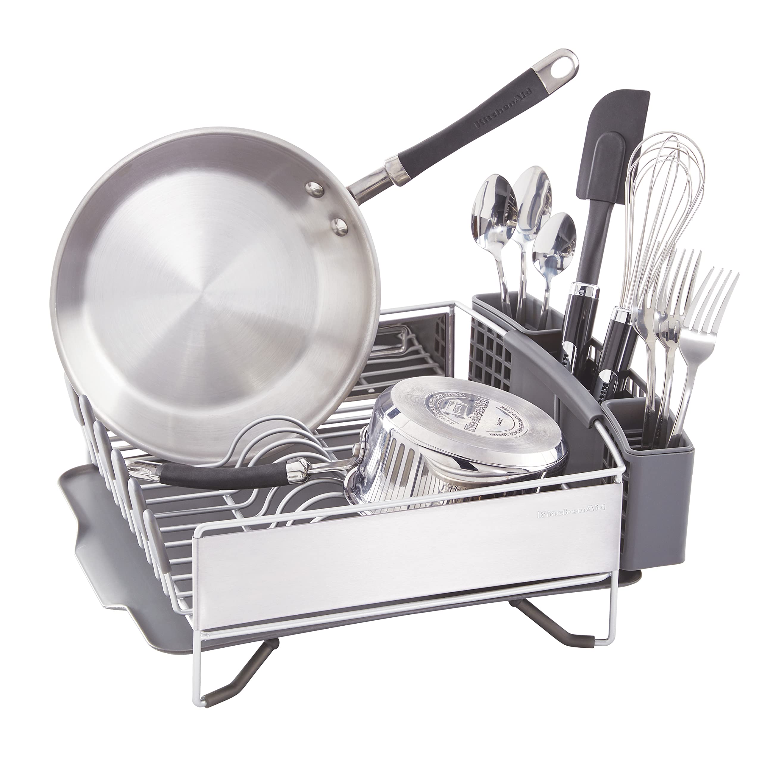 KitchenAid Compact Space Saving, Dish Rack with Removable Flatware Caddy and Angled Self Draining Drainboard, Satin Gray, 15-Inch-by-13.25-Inch