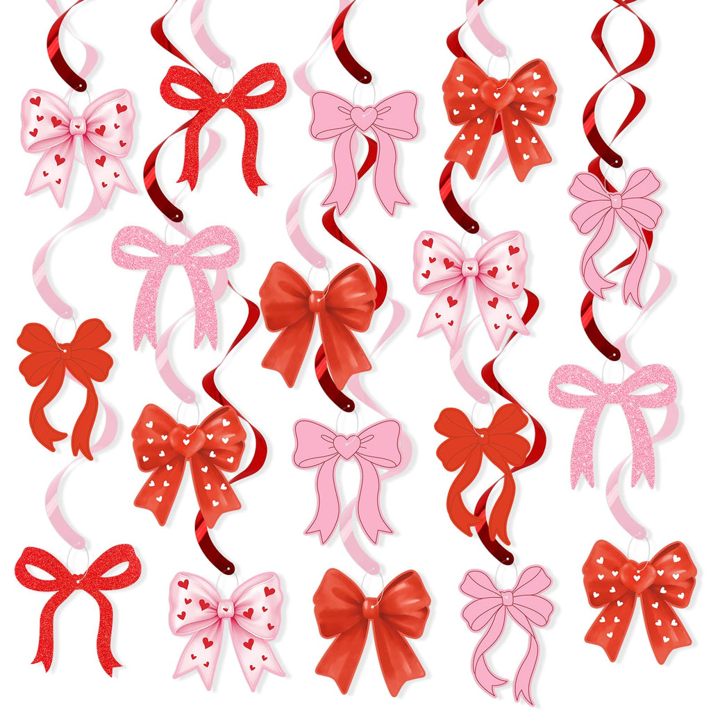 Valentines Day Bow Hanging Decorations, Pink Red Valentine Hearts and Bows Hanging Swirls Ceiling Decoration for Home, Bedroom, Classroom, Wedding Anniversary Galentines & Valentines Day Decorations