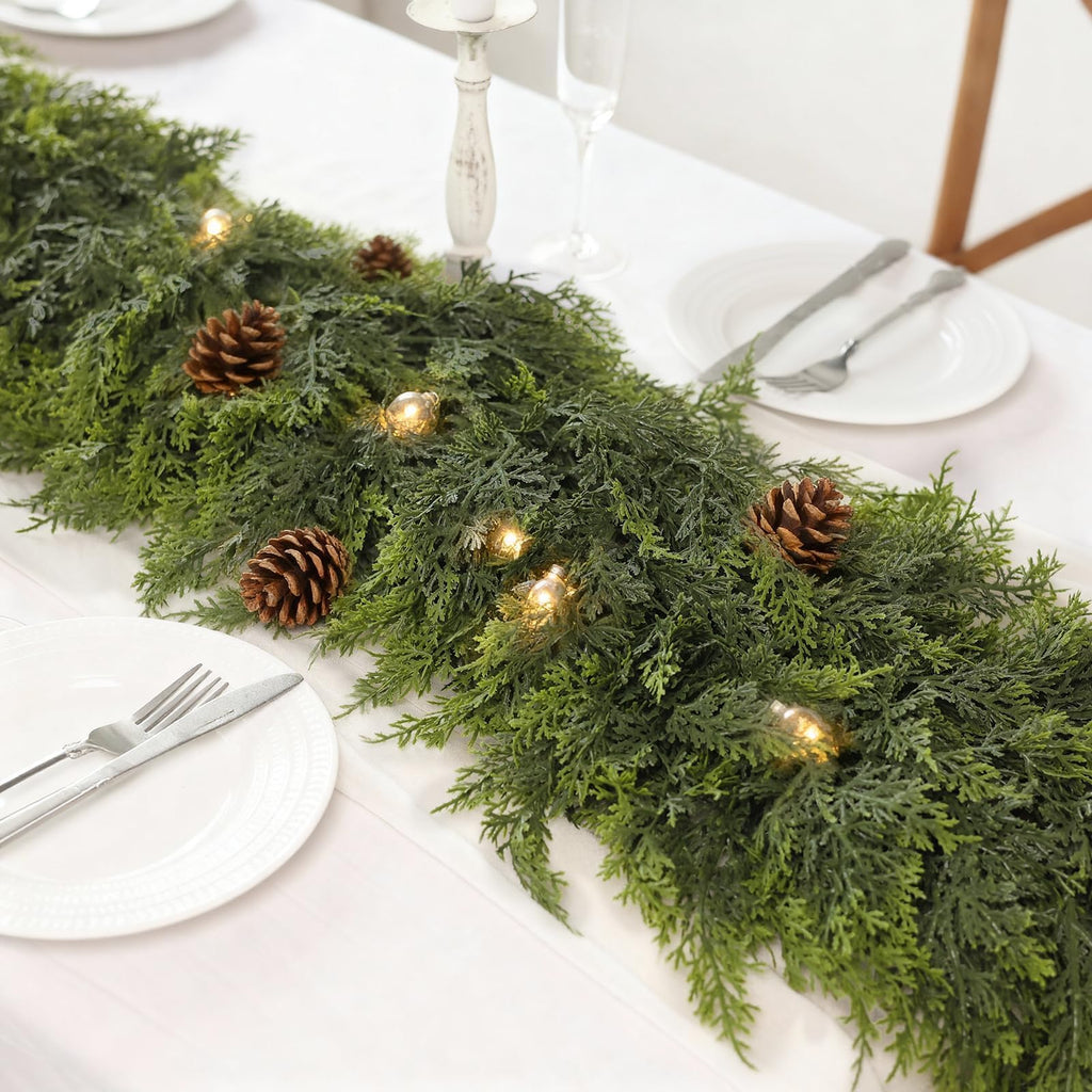 9FT Real Touch Christmas Cedar Garland - 1PCS, Artificial Pine Needles Garlands Realistic Fake Green Faux Garland for Holiday Fireplace,Table,Window,Stairs,Mante,Indoor Outdoor Decor