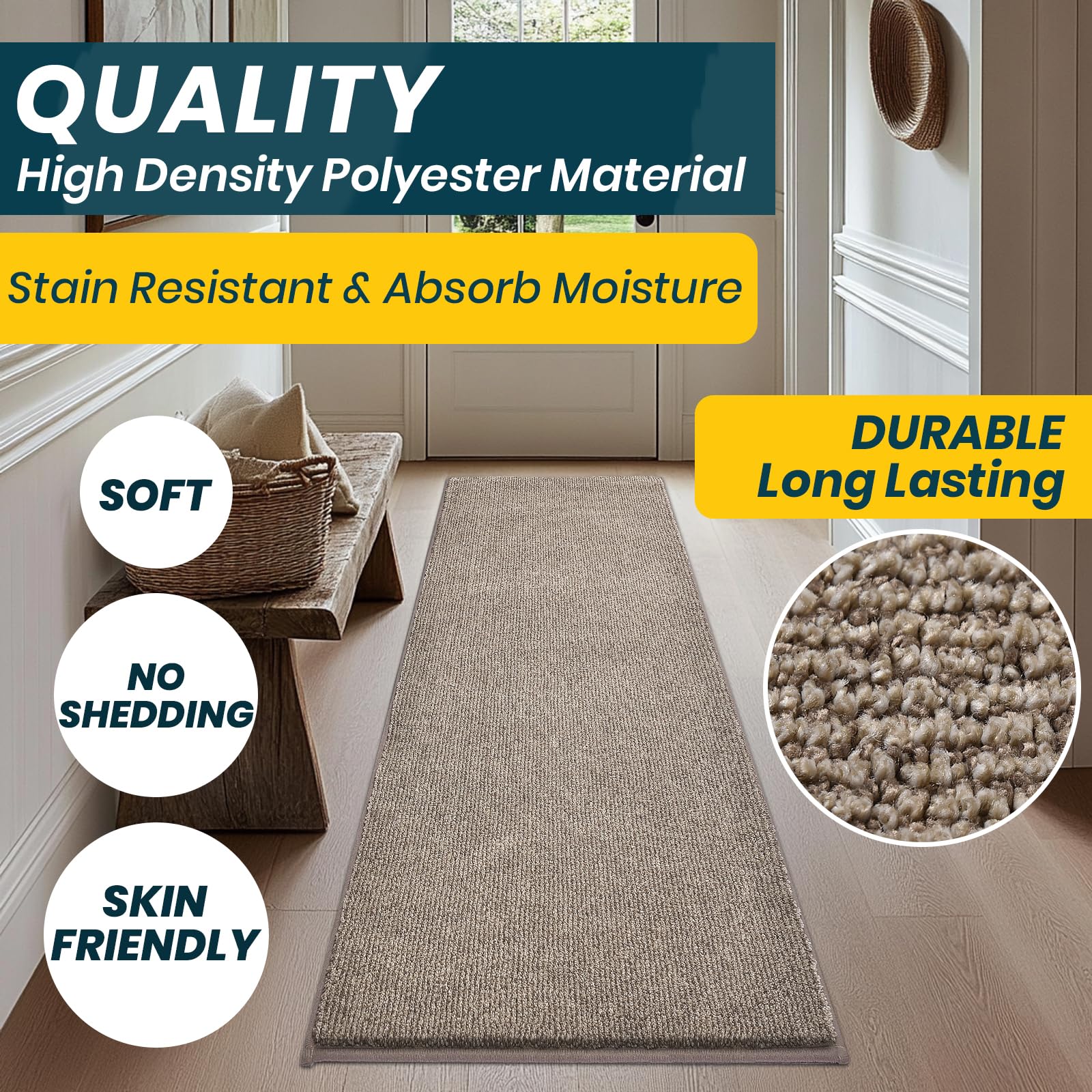 DOMUSTEX Washable Kitchen Rug 24" x 82" / 60cm x 210cm, Non Slip Kitchen Mat for Floor, Absorbent Indoor Entryway Runner Rug for Hallway, Laundry, Bathroom, Bedroom (Roll Packing)