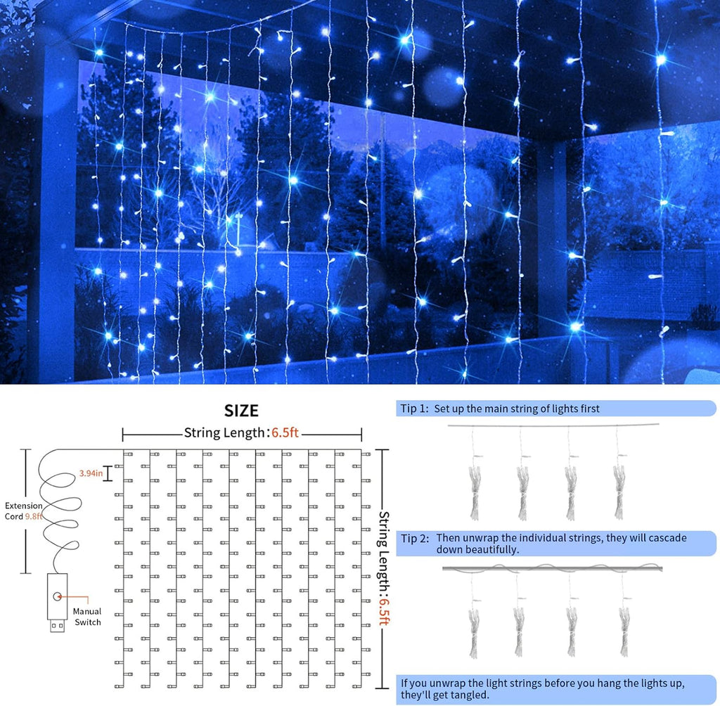 Suddus Curtain Lights - 200 LED Waterproof Fairy String Lights for Bedroom & Outdoor Decor | Blue