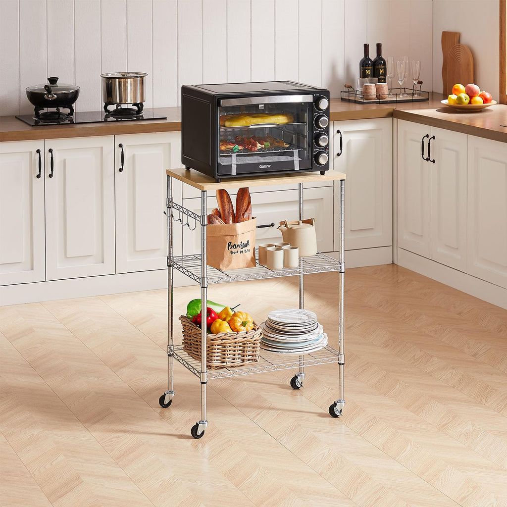 BolDuck 450Lbs Capacity Microwave Cart with Wheels, 3 Tier Rolling Cart with Adjustable Shelves, Multifunctional Metal Utility Storage Kitchen Carts on Wheels, 23.6" L*15.7" W*37" H, Wood+Chrome