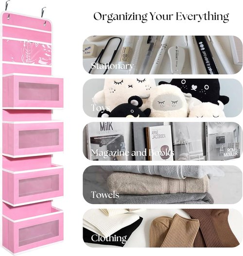 Giraffe Creation Over Door Organizer - 4 Large Capacity Pockets for Closet & Bathroom Storage | Pink