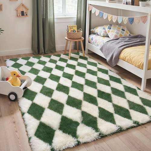 GENIMO Checkered Rug 5x7 Area Rugs for Kids Bedroom Soft Shag Rug Fluffy Fuzzy Carpet Plush Rugs for Living Room Nursery Playroom Dorm Modern Home Decor Aesthetic, Green and White