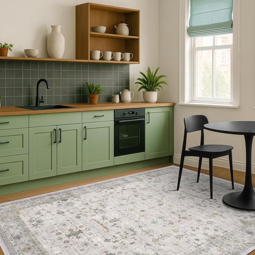 Hazo Haus Boho Light Grey Area Rug - Modern Vintage Floral Design, Washable 6x8 Non-Slip for Living Room & Dining Room