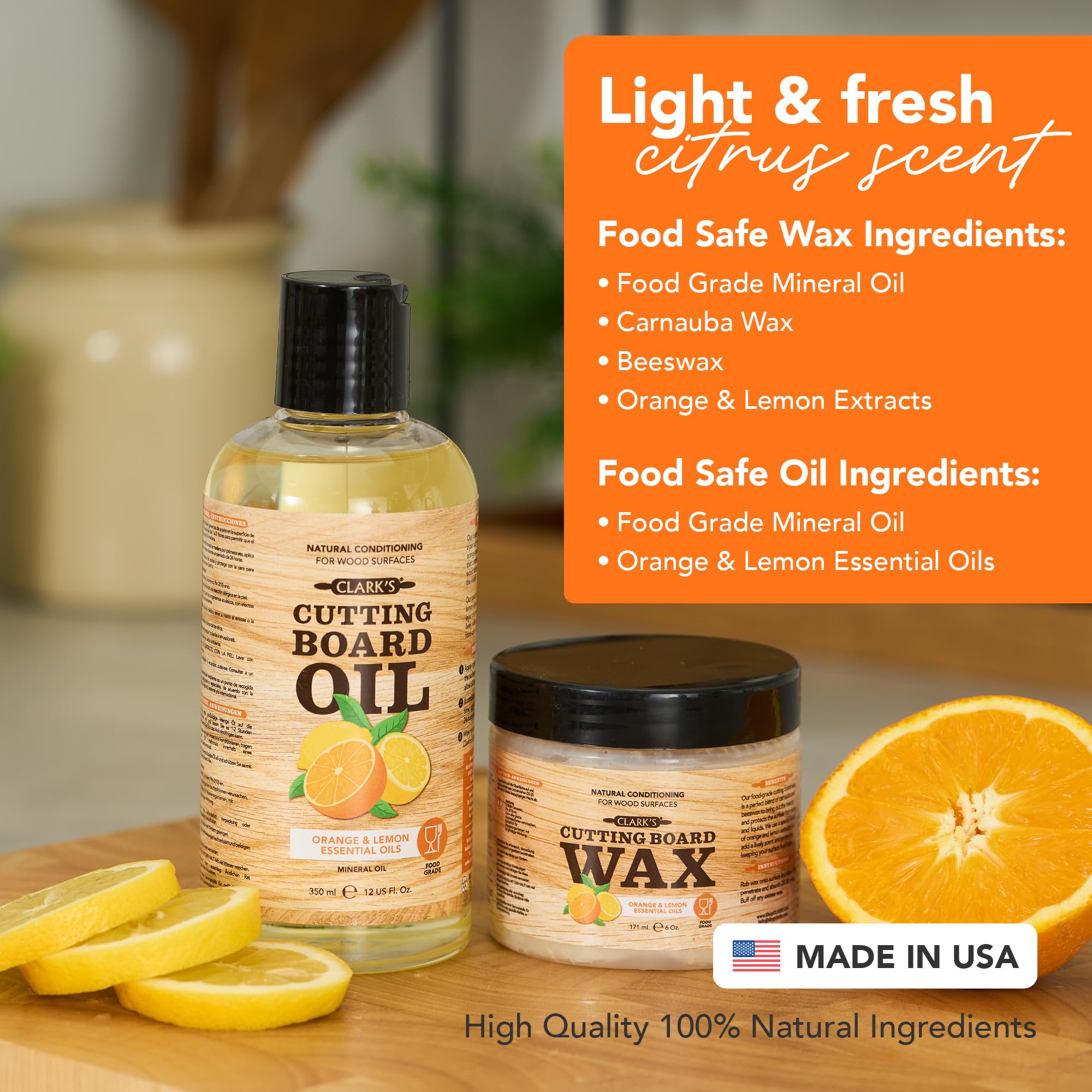 CLARK'S Food Grade Mineral Oil (12oz) and Carnauba Wax (6oz) Set - 100% Natural Butcher Block Oil and Cutting Board Wax - Food Safe Beeswax and Wood Cutting Board Oil with Orange & Lemon Extract