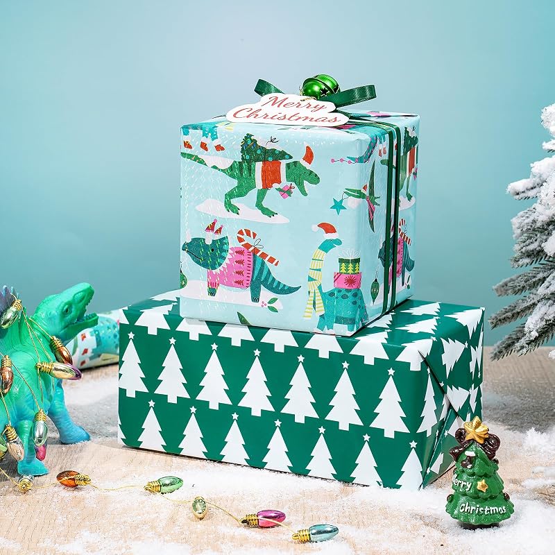 Reversible Christmas Dinosaur Wrapping Paper Roll - 17in x 16.4ft, Blue/Green with Dino & Tree Design (Variation: Christmas Dinosaur & Plaid+17 in x 16.4 ft)