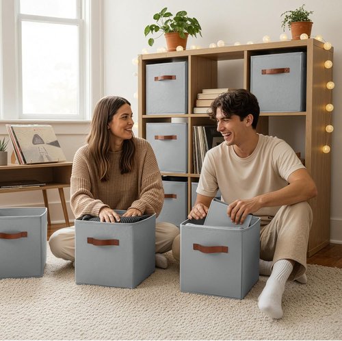 Granny Says 11-Inch Cube Storage Bins - 6 Pack Foldable Fabric Organizers with PU Handle | Grey