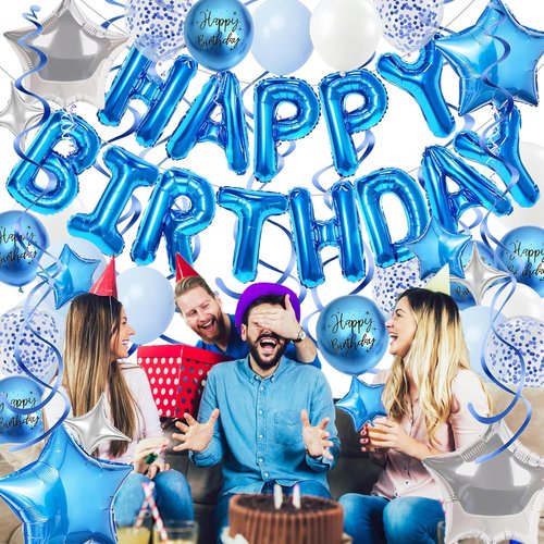 Blue Birthday Decorations - 3D Foil Happy Birthday Balloon Banner with Star & Confetti Balloons