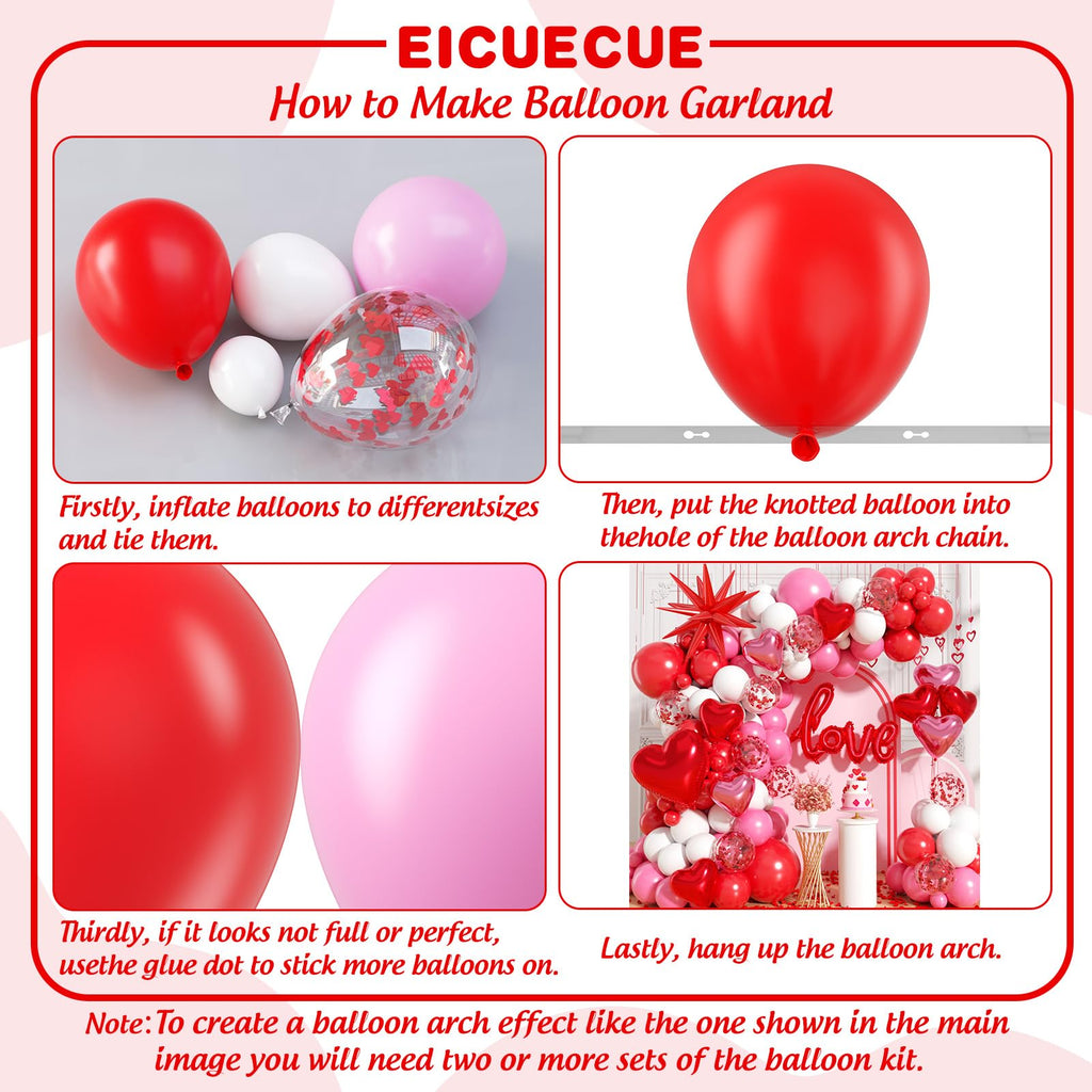 EICUECUE Valentines Day Balloons Garland Arch Kit - Rose Petals, Heart and LOVE Foil Balloon Different Size Pink White Red Balloons for Valentine's Day Galentine's Day Anniversary Party Decorations