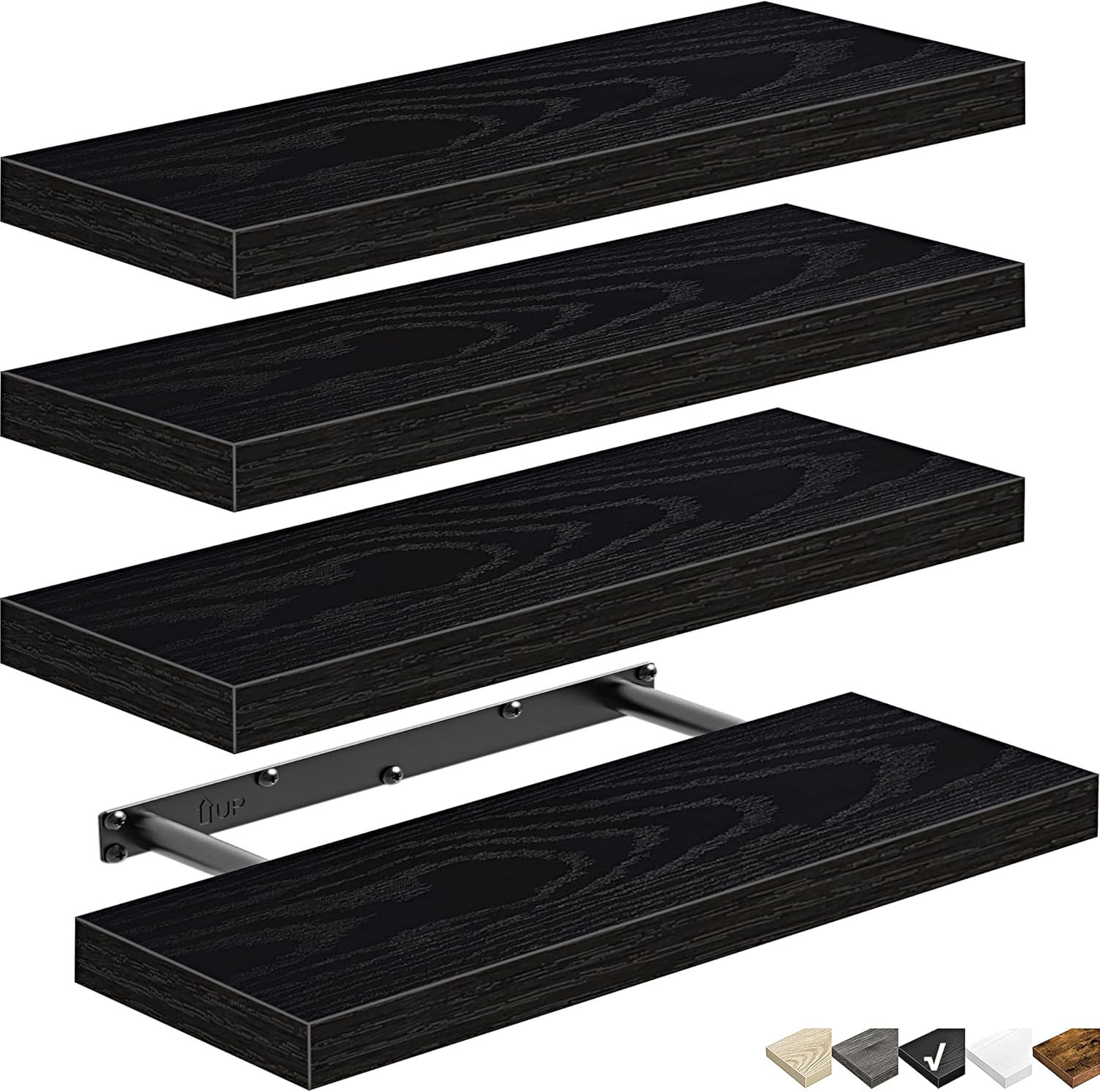 QEEIG Floating Shelves - Stylish Wall Storage for Bathroom, Bedroom & Kitchen - Set of 4, 16 Inch, Black