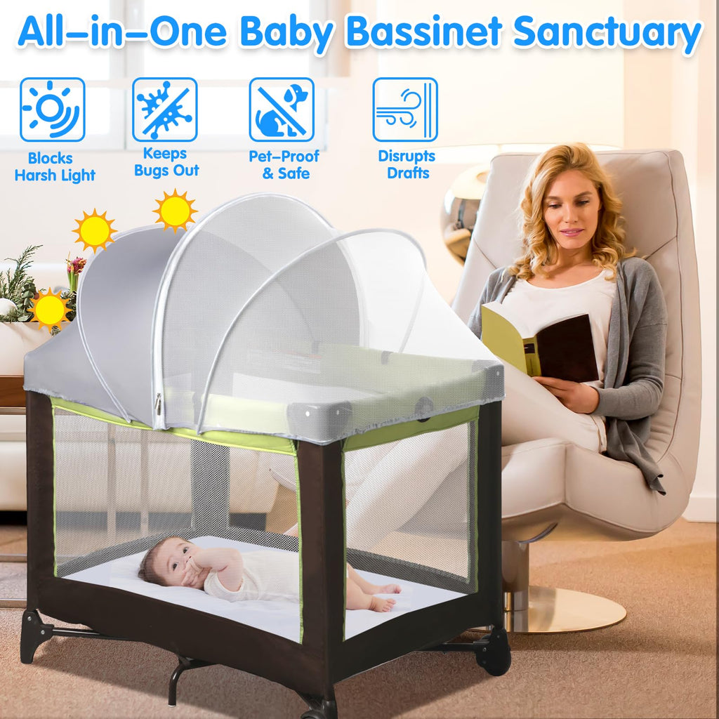 Pack N Play Tent Cover - Light-Blocking Mosquito Net with Two-Way Zipper Portable Bassinet Canopy to Keep Cats Out Bedside Bassinet Insect-Proof Cover, Gray-Large