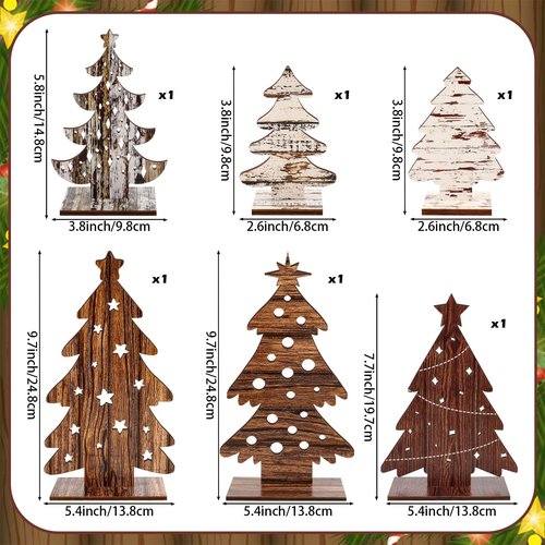 Atiloy 6PCS Wooden Christmas Trees Tabletop Decor Farmhouse Christmas Decor Wooden Christmas Trees Centerpieces Table for Christmas Home Office Farmhouse Tiered Tray Decorations