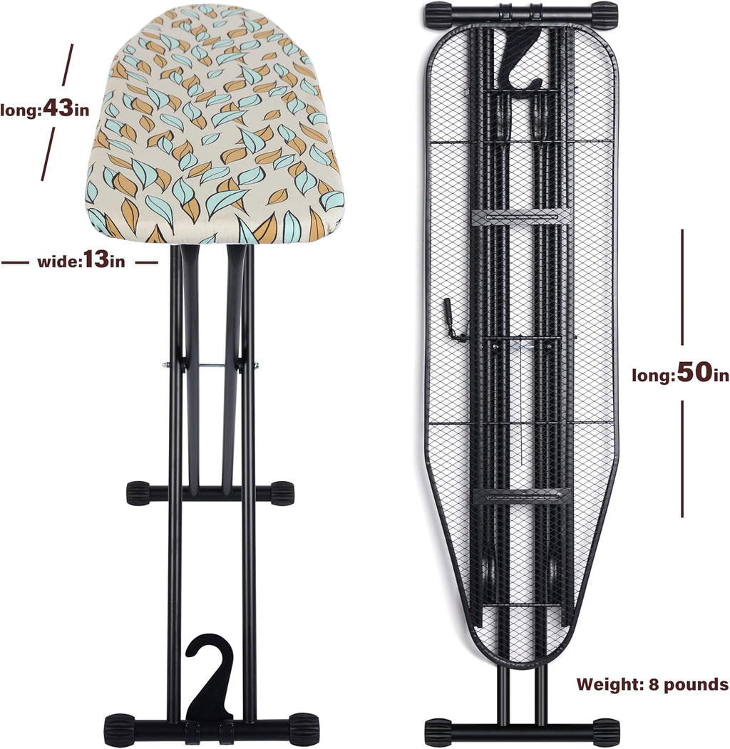 Veiox Ironing Board - Foldable Full Size with Heat Resistant Cover & Adjustable Height | 13x43 Inches