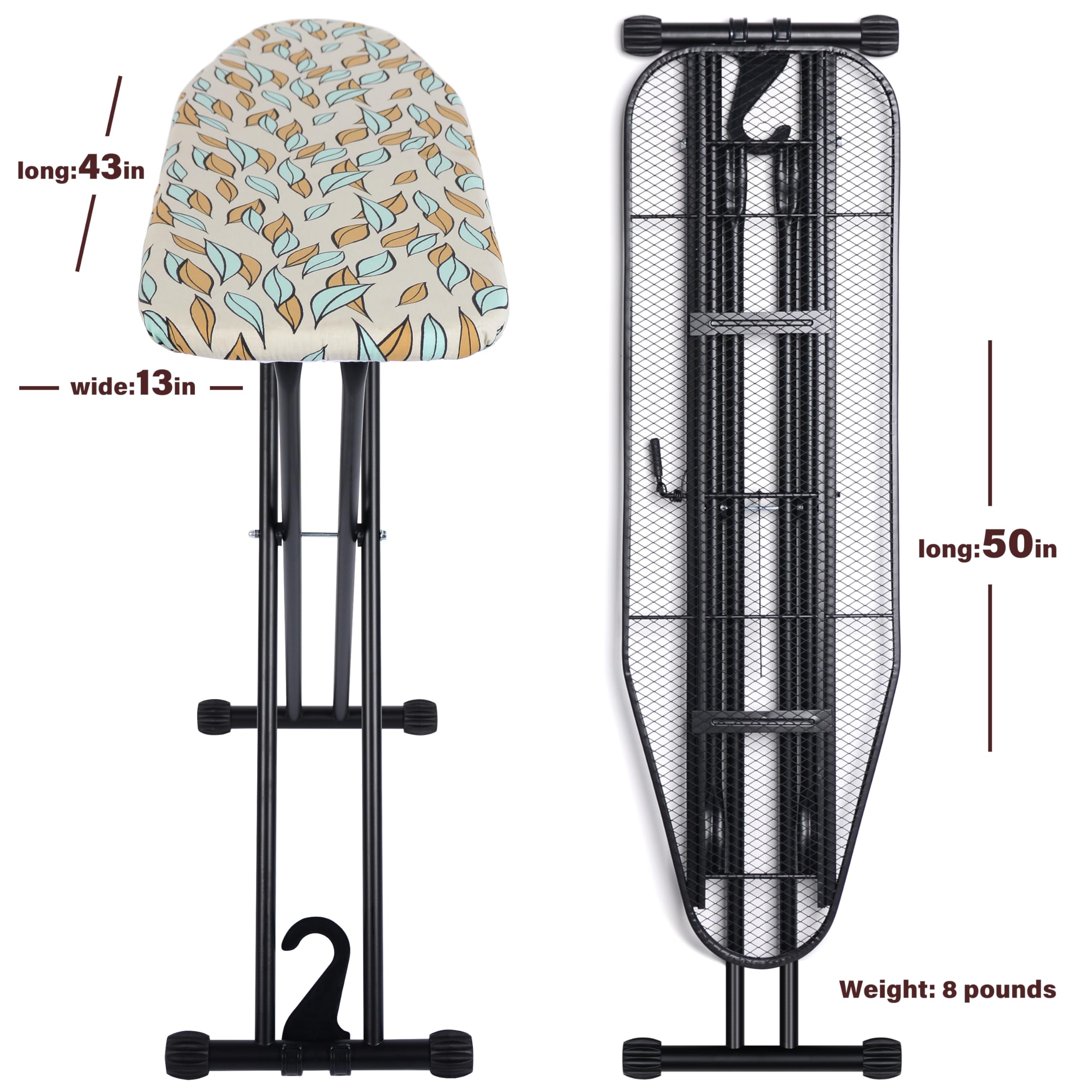 veiox Ironing Board with Heat Resistant Cover,Foldable Full Size Iron Board,Heavy Sturdy Legs,Height Adjustable,Wall Mount & Closet Hanger (13x43)